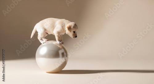 Small puppy balancing on giant pearl in beige minimal luxury surreal scene