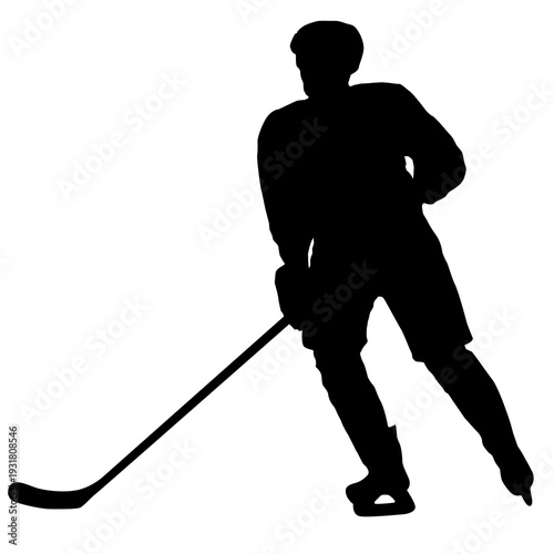 Photography Black silhouette of an ice hockey player holding a stick, isolated on white background