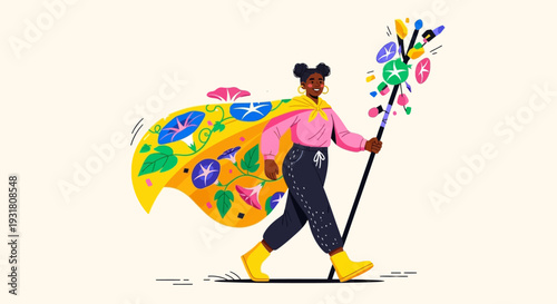 Joyful Black Woman Superhero with Floral Cape and Magic Staff Walking. Empowering Journey of Growth and Creativity Illustration.