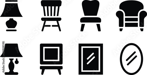 Furniture and home decor silhouettes set with chair armchair lamp mirror and frame vector illustration isolated