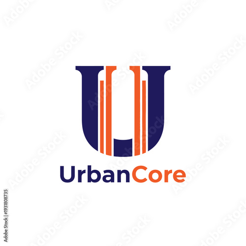 Letter U with skyscraper building columns logo for urban real estate UrbanCore