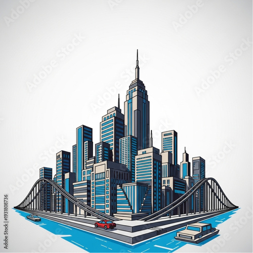 Stylized cityscape with skyscrapers and bridges illustration.