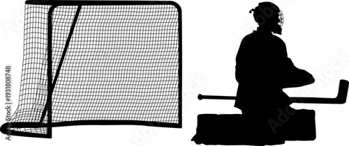 Black silhouette of an ice hockey goalkeeper or goalie isolated on white background. Sports pose for logo, emblem, team branding, or hockey tournament design