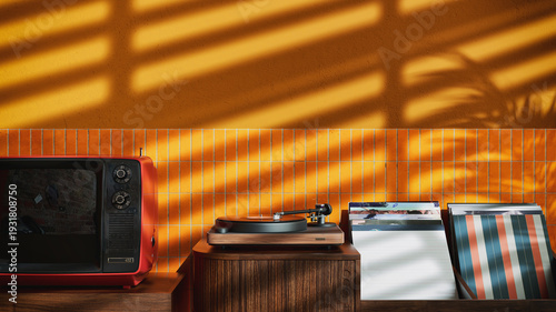 Retro interior with turntable and vinyl records on yellow wall 3D render illustration