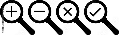 Magnifying glasses with symbols for add, remove, delete, and approve
