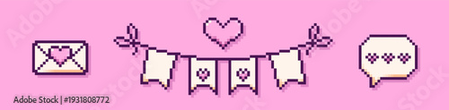 Pixel art speech bubble, envelop with heart, party bunting on pink bg.
