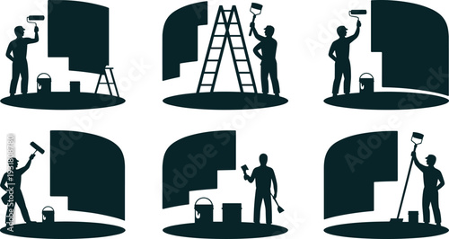 House painter silhouette set painting wall with roller and ladder, home renovation service concept vector illustration isolated