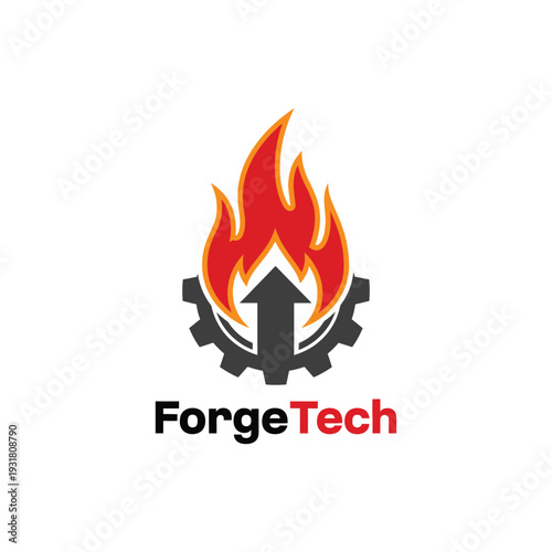Industrial gear with flame and arrow logo for metal manufacturing ForgeTech