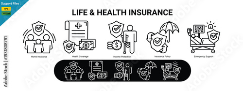 life and health insurance protection line icons including family security, medical coverage, income protection, insurance policy, and emergency support.