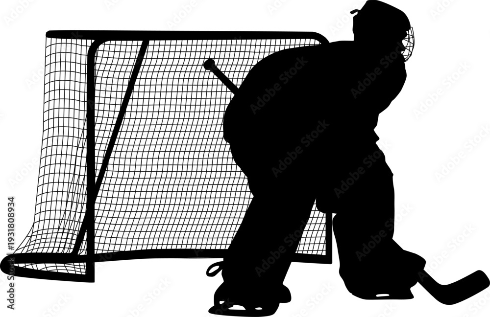Obraz premium Black silhouette of an ice hockey goalkeeper or goalie isolated on white background. Sports pose for logo, emblem, team branding, or hockey tournament design