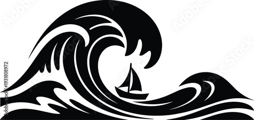 Large ocean wave silhouette with sailboat vector illustration, nautical marine adventure logo in black solid design