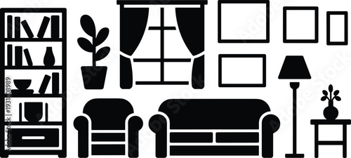 Living room interior silhouette set with sofa armchair bookshelf window and decor elements vector illustration isolated