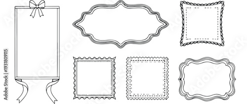 Vintage bows frame for greeting cards, wedding and birthday party, picnic invitations in elegant marine style. Hand drawn ribbon and ornament border illustration for social media decoration template