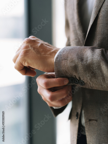 Close-up of adjusting suit cuff, symbolizing professionalism and attention to detail in business attire.