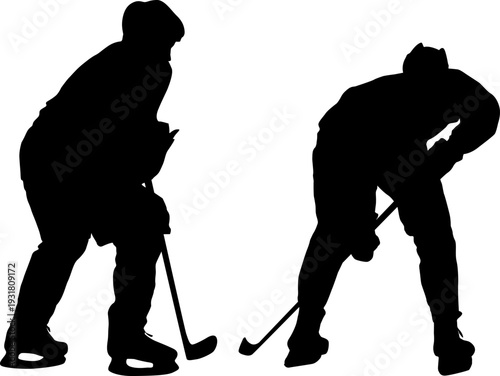 Black silhouettes of two ice hockey players facing each other with sticks isolated on white background. Sports duel concept for graphic design, posters, or team branding