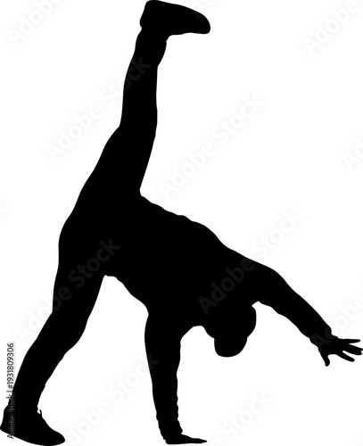 Black silhouette of a breakdancer in dynamic street dance pose isolated on white background. Urban culture concept for hip hop music design, sport wear, or graffiti style art
