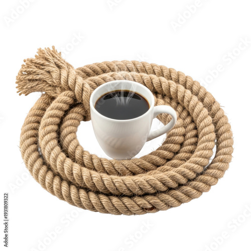A white coffee cup tied securely with a thick nautical rope against a plain background