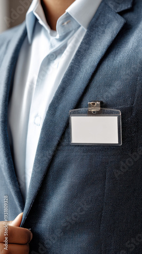 Businessman wearing suit with blank ID badge on chest, symbolizing corporate identity, employee identification, and professional workplace.