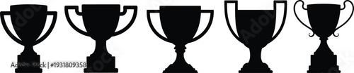 Black trophy cup silhouette icon collection showing different award and championship styles isolated on white background for achievement design