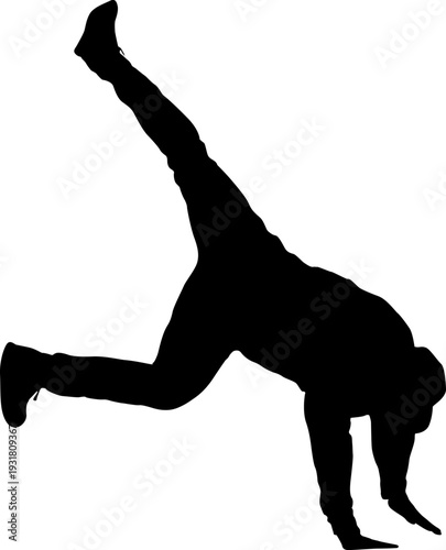 Black silhouette of a breakdancer in dynamic street dance pose isolated on white background. Urban culture concept for hip hop music design, sport wear, or graffiti style art