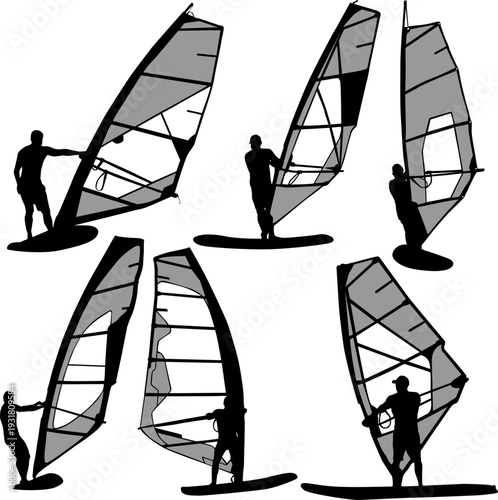 Set of black silhouette windsurfing men on boards with sail isolated on white background. Collection of extreme water sport poses for summer adventure, ocean sports, or outdoor lifestyle design
