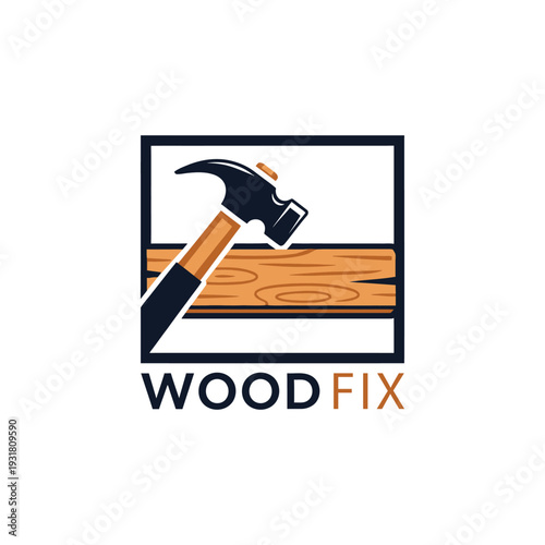 Hammer and plank icon logo for carpentry and home repair business Wood Fix