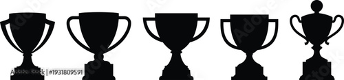 Black trophy cup silhouette icon set displaying multiple award and championship variations isolated on white background for achievement design