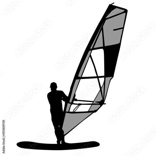 Black silhouette of a man windsurfing on a board with sail isolated on white background. Extreme water sport concept for summer vacation, adventure, or outdoor lifestyle design