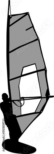 Black silhouette of a man windsurfing on a board with sail isolated on white background. Extreme water sport concept for summer vacation, adventure, or outdoor lifestyle design