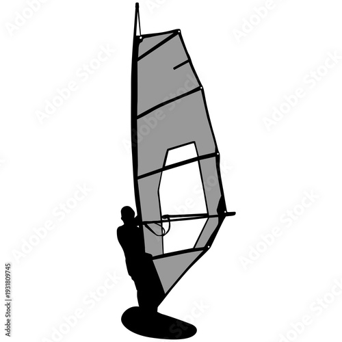 Black silhouette of a man windsurfing on a board with sail isolated on white background. Extreme water sport concept for summer vacation, adventure, or outdoor lifestyle design