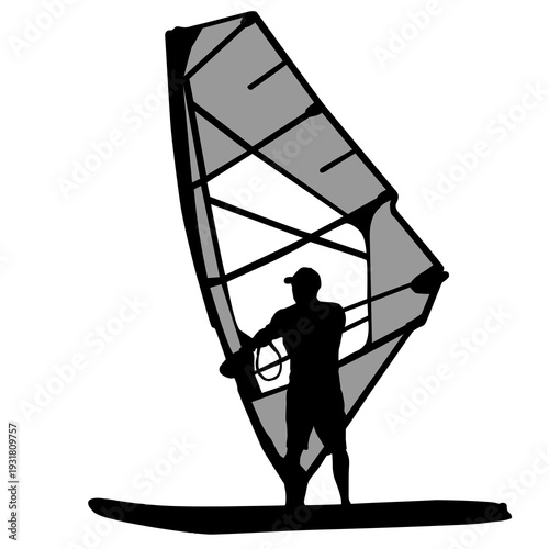 Black silhouette of a man windsurfing on a board with sail isolated on white background. Extreme water sport concept for summer vacation, adventure, or outdoor lifestyle design