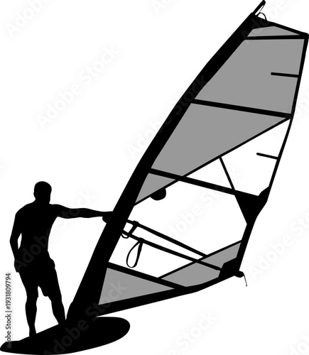 Black silhouette of a man windsurfing on a board with sail isolated on white background. Extreme water sport concept for summer vacation, adventure, or outdoor lifestyle design