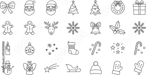 Christmas and Happy New Year line icon set, winter holiday symbols including Santa Claus, reindeer, and snowflakes isolated on white background.