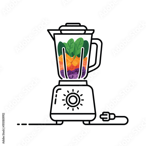 Line art illustration of a blender filled with colorful fruits and vegetables
