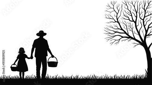Adult and child walking silhouette, family togetherness, nature connection, harvesting baskets, companionship illustration, outdoor lifestyle design