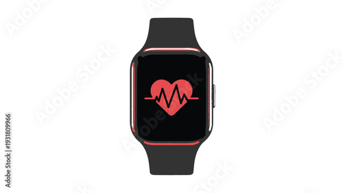 A black smartwatch displays a red heart rate monitor icon on its screen