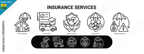 insurance services banner with icons including home, car, health, life, and business insurance. outline icons set.
