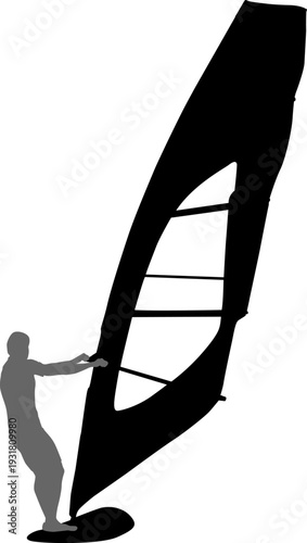 Black silhouette of a man windsurfing on a board with sail isolated on white background. Extreme water sport concept for summer vacation, adventure, or outdoor lifestyle design