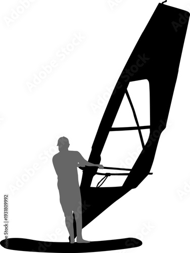 Black silhouette of a man windsurfing on a board with sail isolated on white background. Extreme water sport concept for summer vacation, adventure, or outdoor lifestyle design