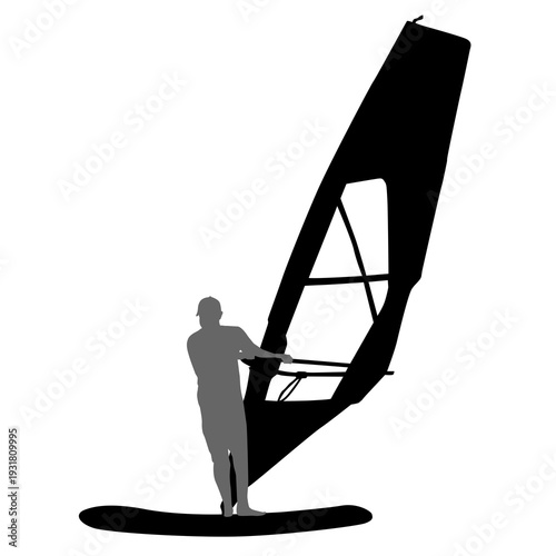 Black silhouette of a man windsurfing on a board with sail isolated on white background. Extreme water sport concept for summer vacation, adventure, or outdoor lifestyle design