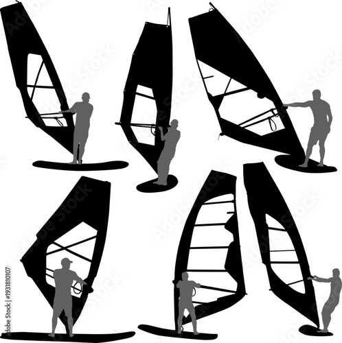 Set of black silhouette windsurfing men on boards with sail isolated on white background. Collection of extreme water sport poses for summer adventure, ocean sports, or outdoor lifestyle design