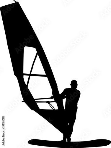 Black silhouette of a man windsurfing on a board with sail isolated on white background. Extreme water sport concept for summer vacation, adventure, or outdoor lifestyle design