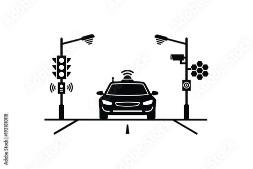 Autonomous Self Driving Car at Smart City Intersection Black and White Silhouette Illustration