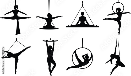 Aerial yoga silhouettes collection, women performing antigravity poses on hammock hoop and silk isolated vector illustration set