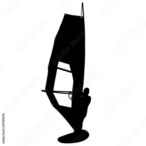 Black silhouette of a man windsurfing on a board with sail isolated on white background. Extreme water sport concept for summer vacation, adventure, or outdoor lifestyle design