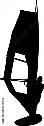 Black silhouette of a man windsurfing on a board with sail isolated on white background. Extreme water sport concept for summer vacation, adventure, or outdoor lifestyle design