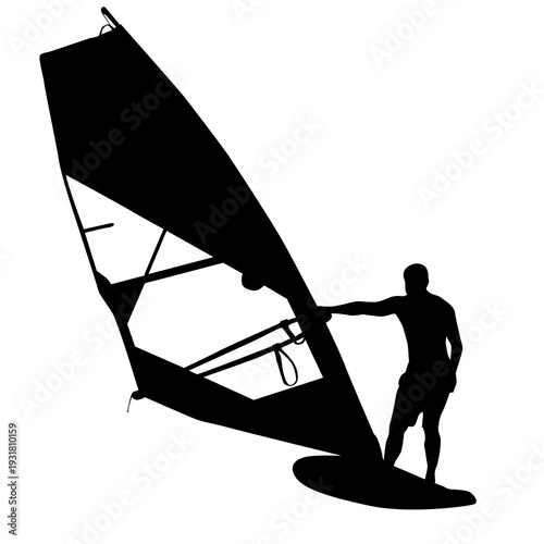 Black silhouette of a man windsurfing on a board with sail isolated on white background. Extreme water sport concept for summer vacation, adventure, or outdoor lifestyle design