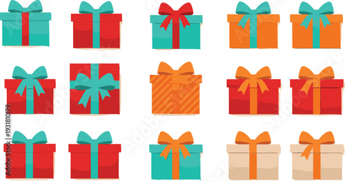 Colorful gift box collection for Christmas and holidays, decorative present set with ribbons and bows isolated on white background.