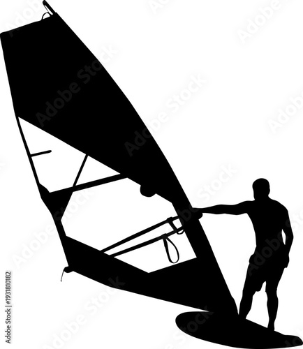 Black silhouette of a man windsurfing on a board with sail isolated on white background. Extreme water sport concept for summer vacation, adventure, or outdoor lifestyle design