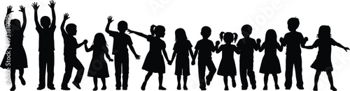 Children silhouettes holding hands, happy kids group dancing and jumping isolated vector illustration representing friendship joy unity